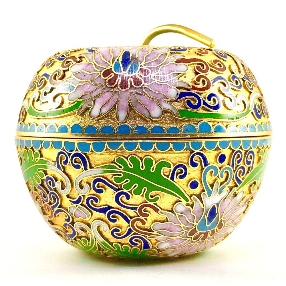 vintage Chinese Cloisonne Apple Trinket Box Brass Enamel Lotus Flower Fruit Stem